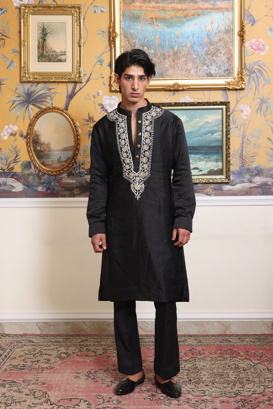 Black Embroidered Raw Silk Kurta and pants