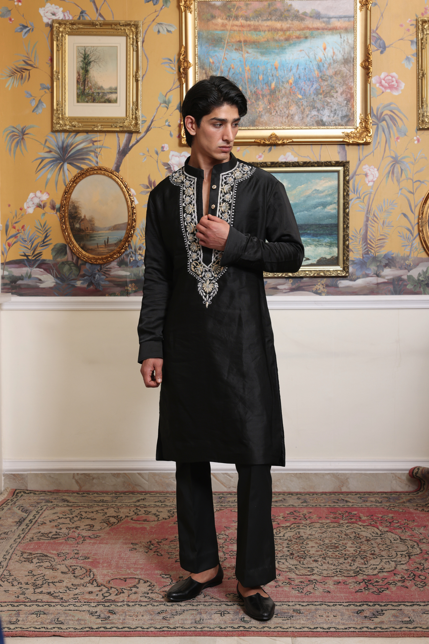 Black Embroidered Raw Silk Kurta and pants
