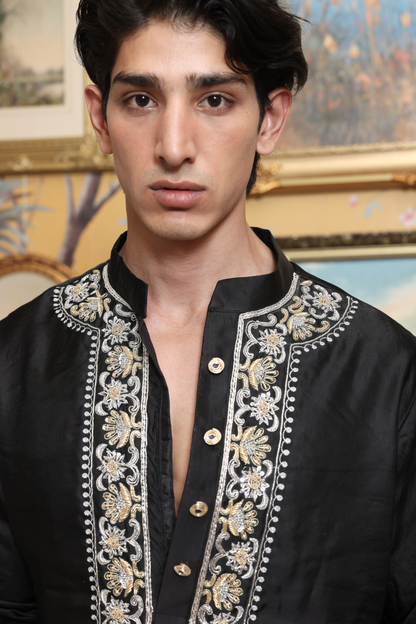 Black Embroidered Raw Silk Kurta and pants