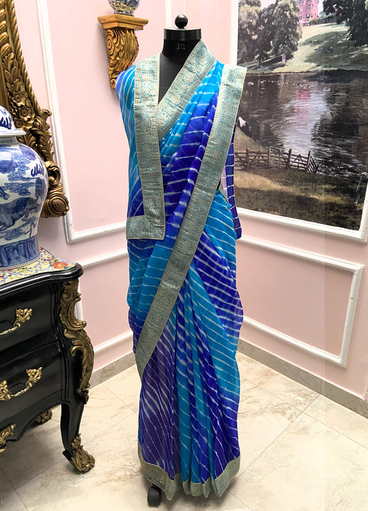 Blue Lehariya antique border saree