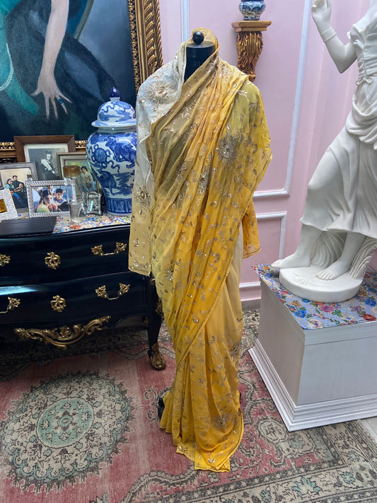 Ombre yellow shaded chiffon saree with jaal all-over