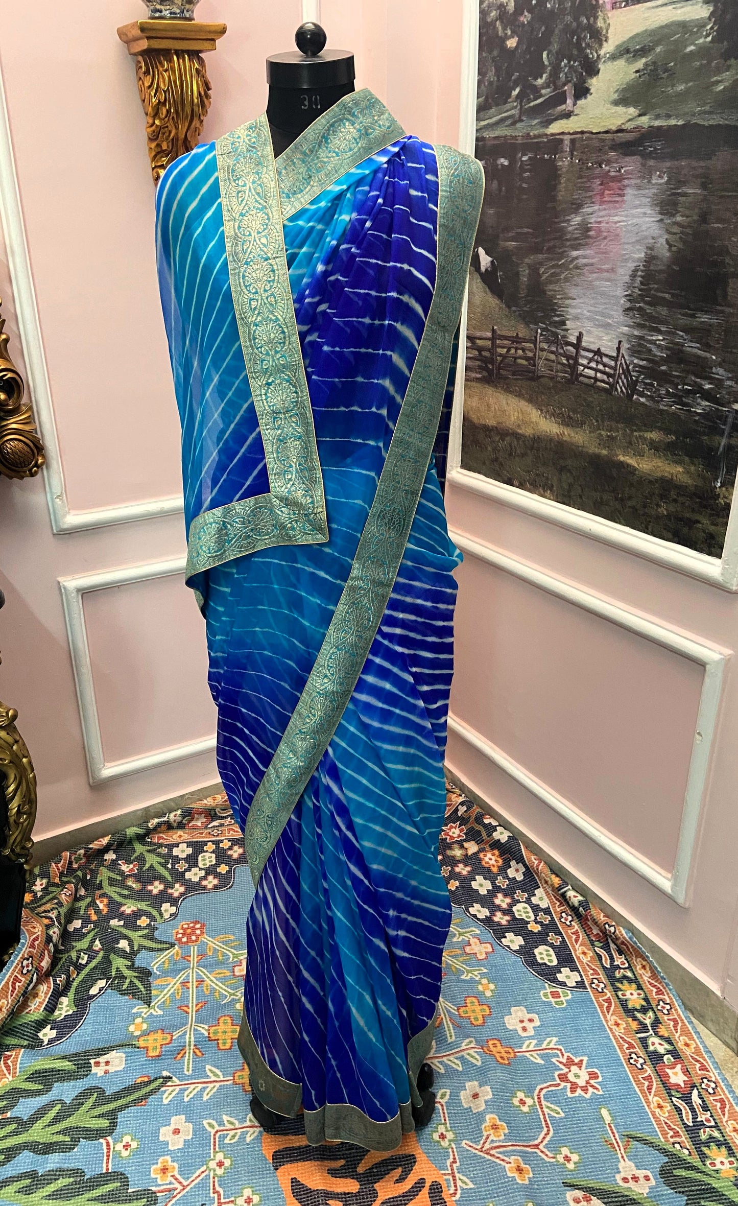 Blue ombre lehariya antique border saree