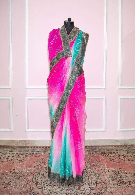 Magenta & green shaded bandani antique border saree