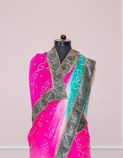Magenta & green shaded bandani antique border saree