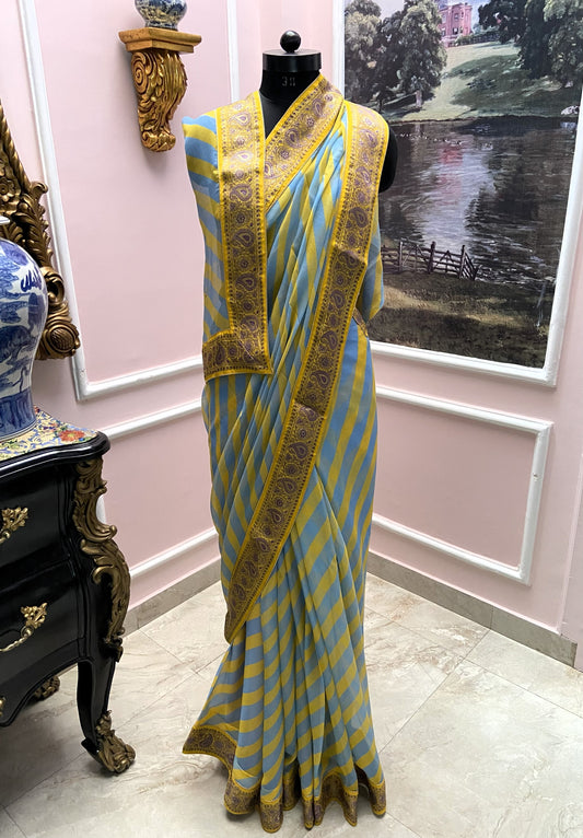 Blue Yellow lehariya antique border saree