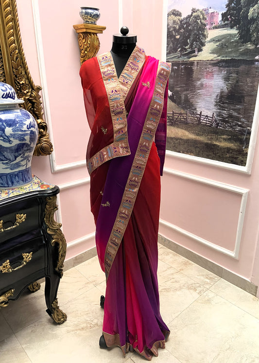 Red rani shaded antique border saree