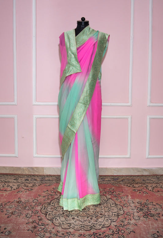 Sea green to pink shaded antique border saree