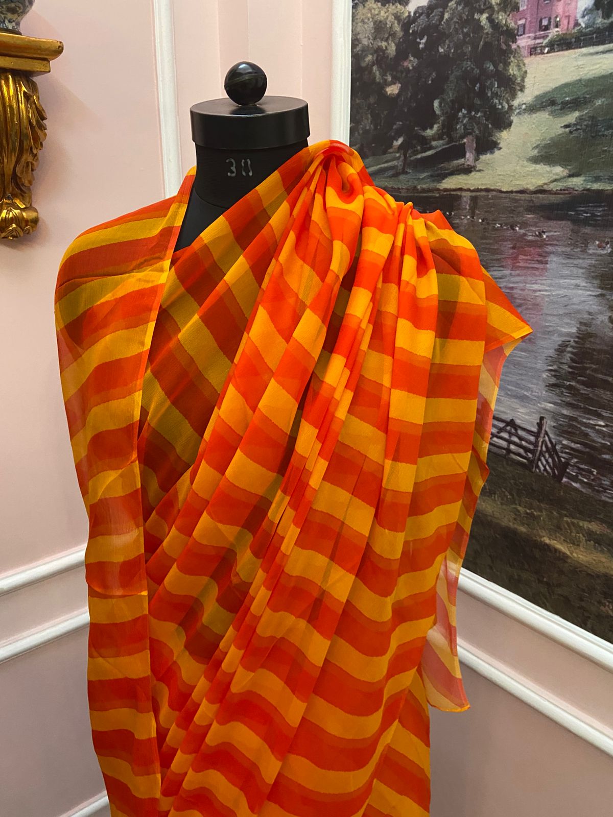 Red yellow multicolor French Chiffon Lehariya Saree