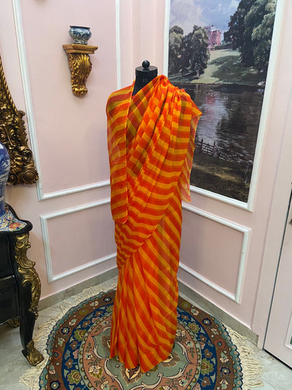 Red yellow multicolor French Chiffon Lehariya Saree