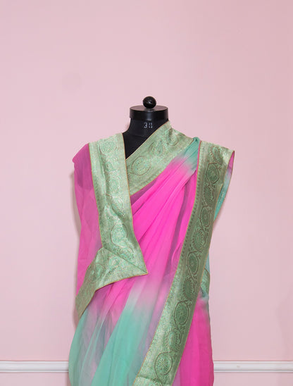 Sea green to pink shaded antique border saree