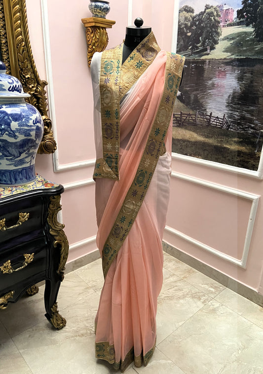 Peach ombre antique border saree
