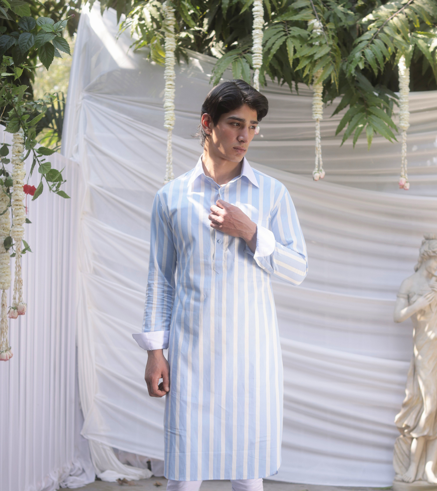 Powder Blue Striped Cotton Kurta for Men