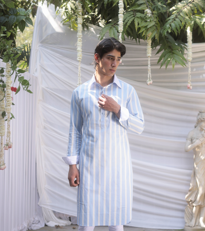 Powder Blue Striped Cotton Kurta for Men