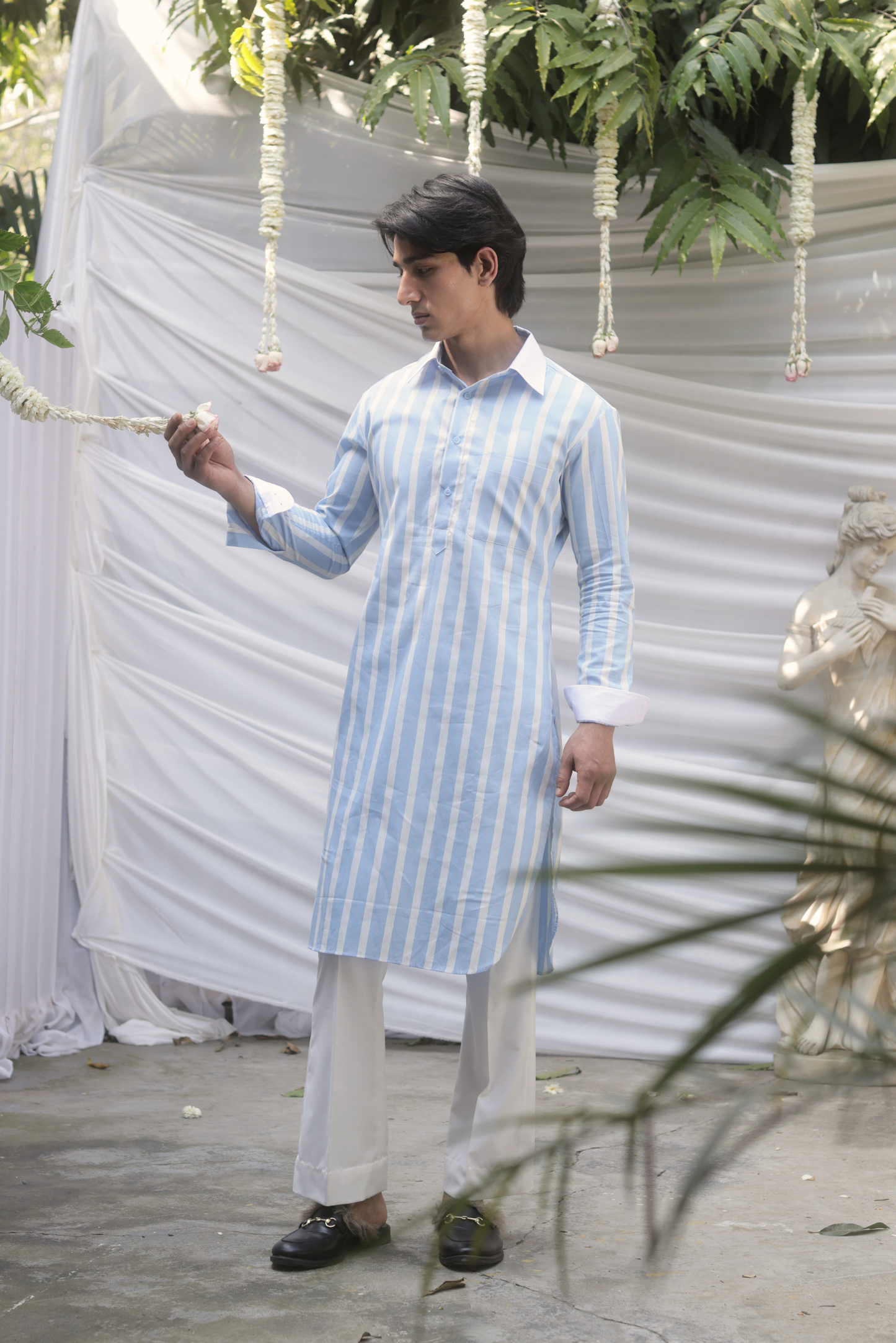 Powder Blue Striped Cotton Kurta for Men