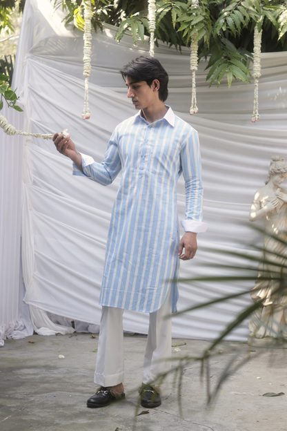 Powder Blue Striped Cotton Kurta for Men