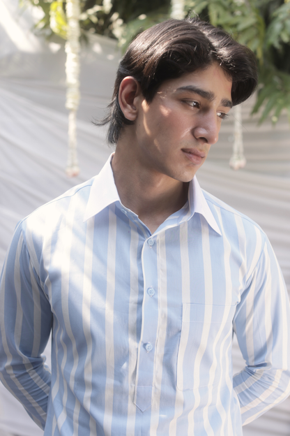 Powder Blue Striped Cotton Kurta for Men
