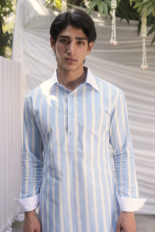 Powder Blue Striped Cotton Kurta for Men