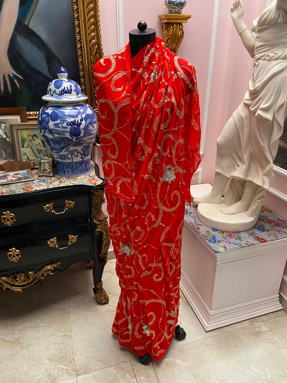 Single tone Red chiffon with jall allover