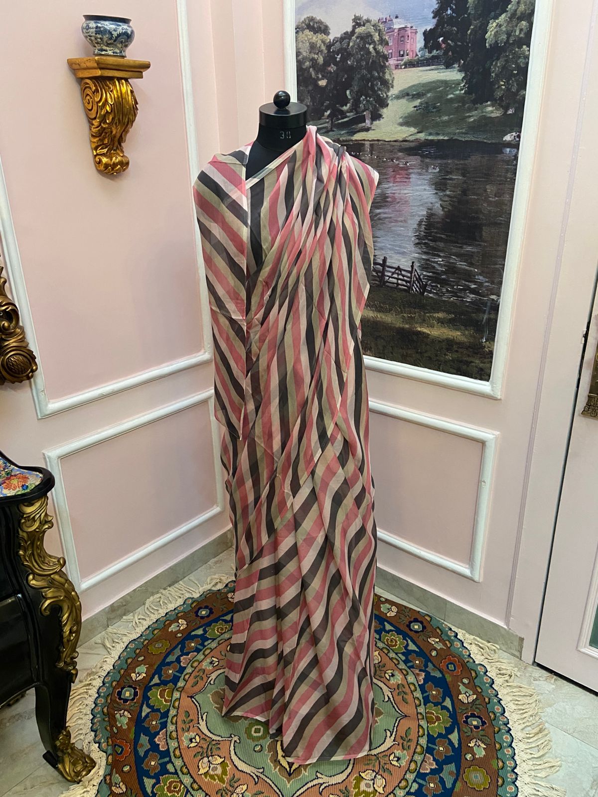 Black pink multicolor French Chiffon Lehariya Saree