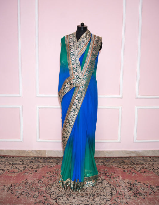 Blue Green shaded antique border saree
