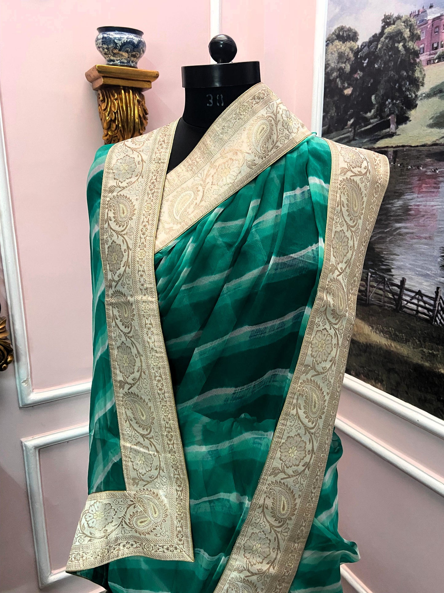 Green ombre lehariya antique border saree