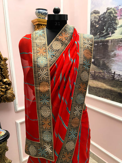 Red lehariya antique border saree