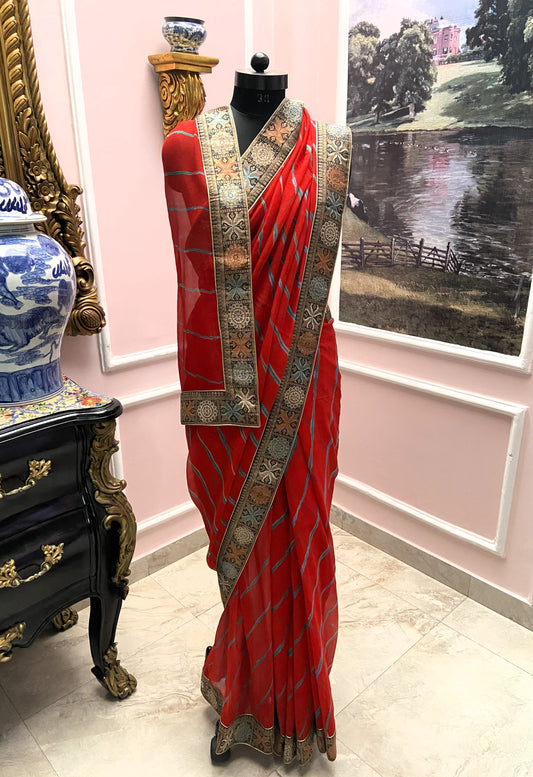 Red lehariya antique border saree
