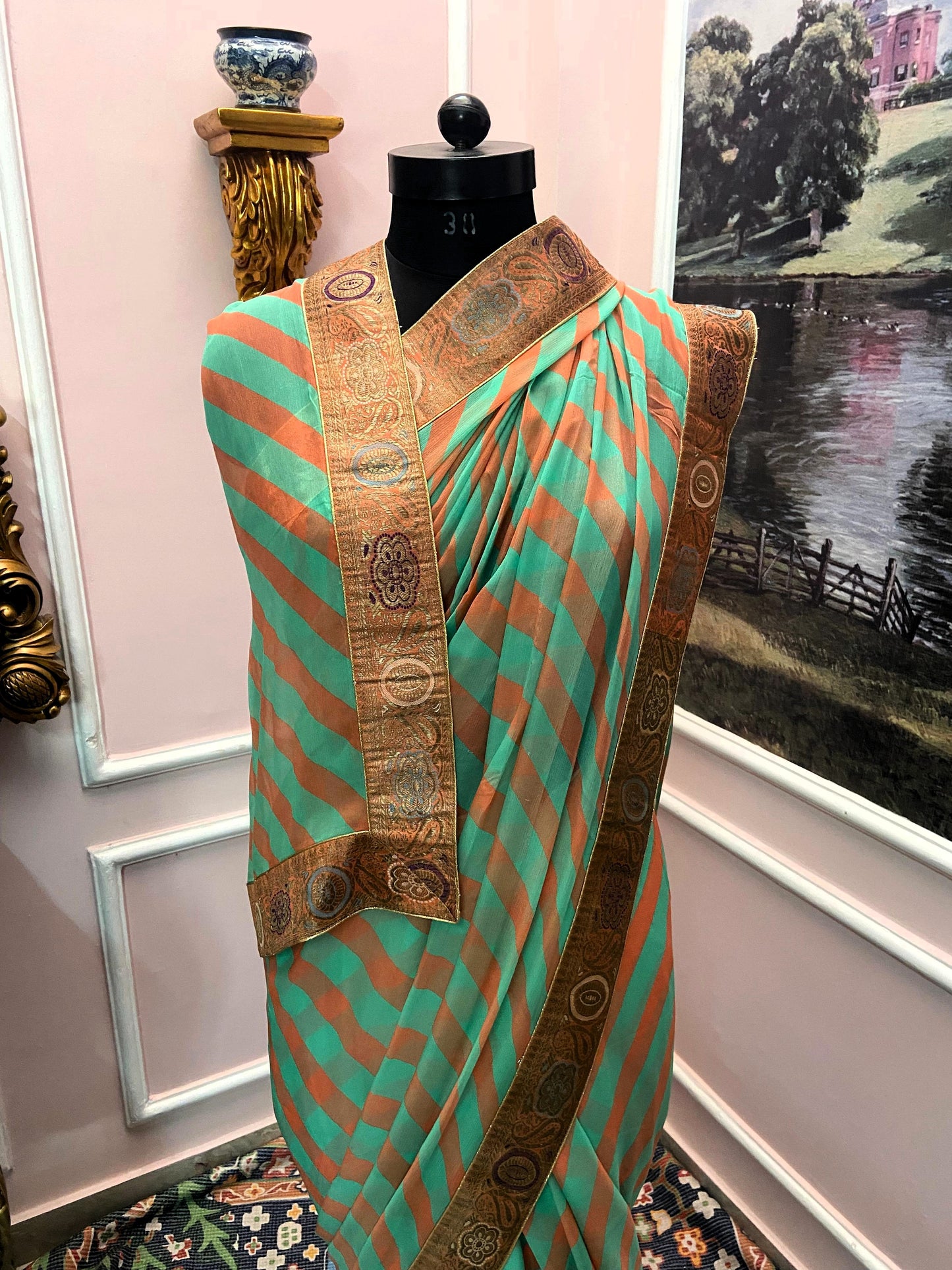 Green to orange lehariya antique border saree