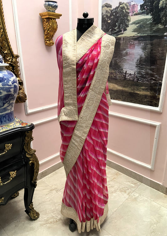 Pink lehariya antique border saree