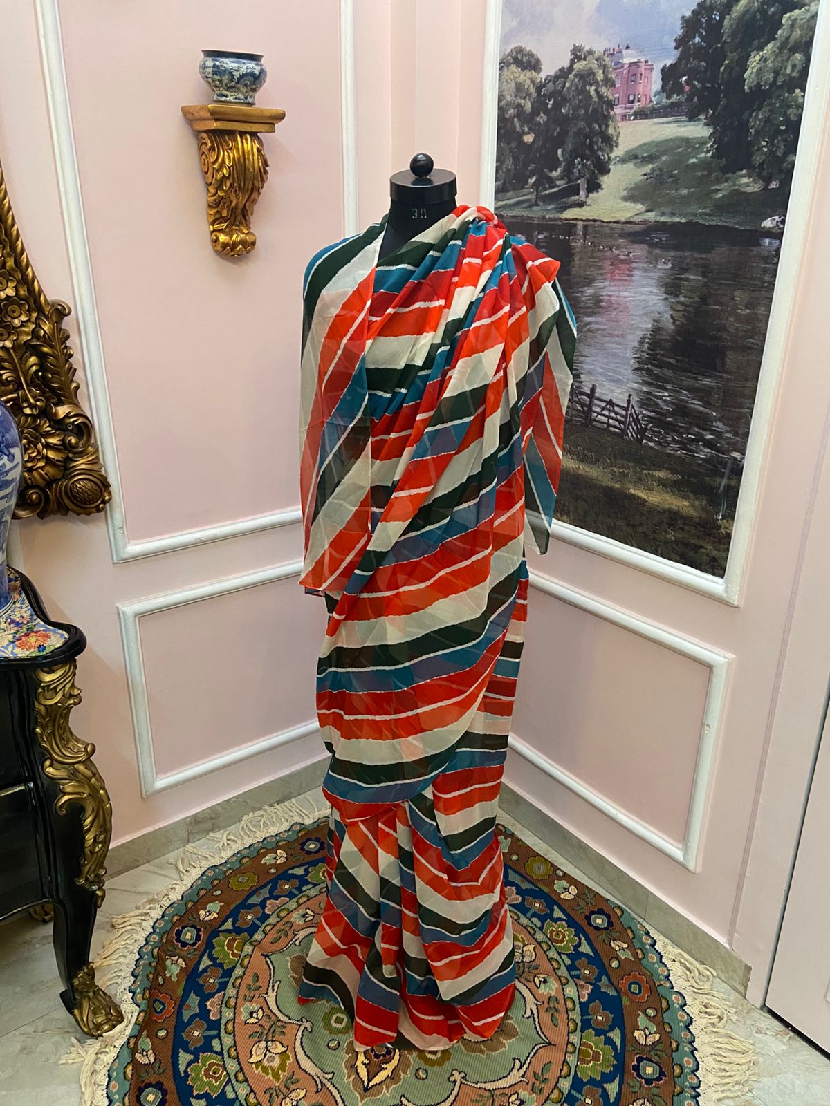 Red green multicolor French Chiffon Lehariya Saree