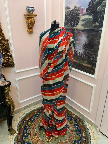 Red green multicolor French Chiffon Lehariya Saree