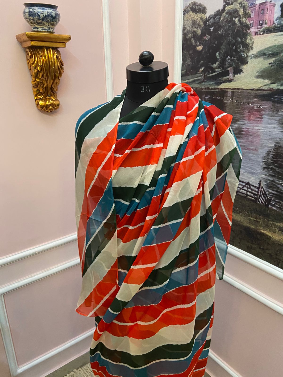 Red green multicolor French Chiffon Lehariya Saree