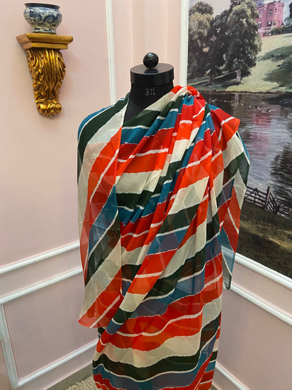 Red green multicolor French Chiffon Lehariya Saree