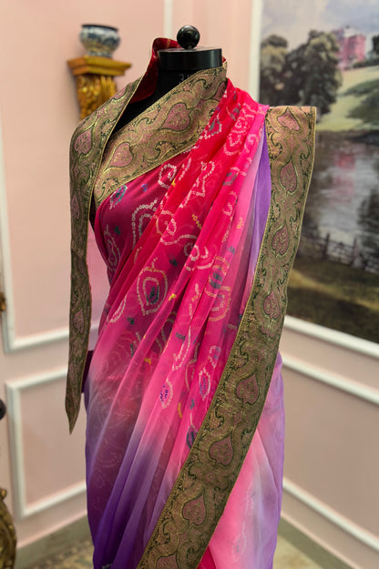 Purple pink ombre bandhej antique border saree