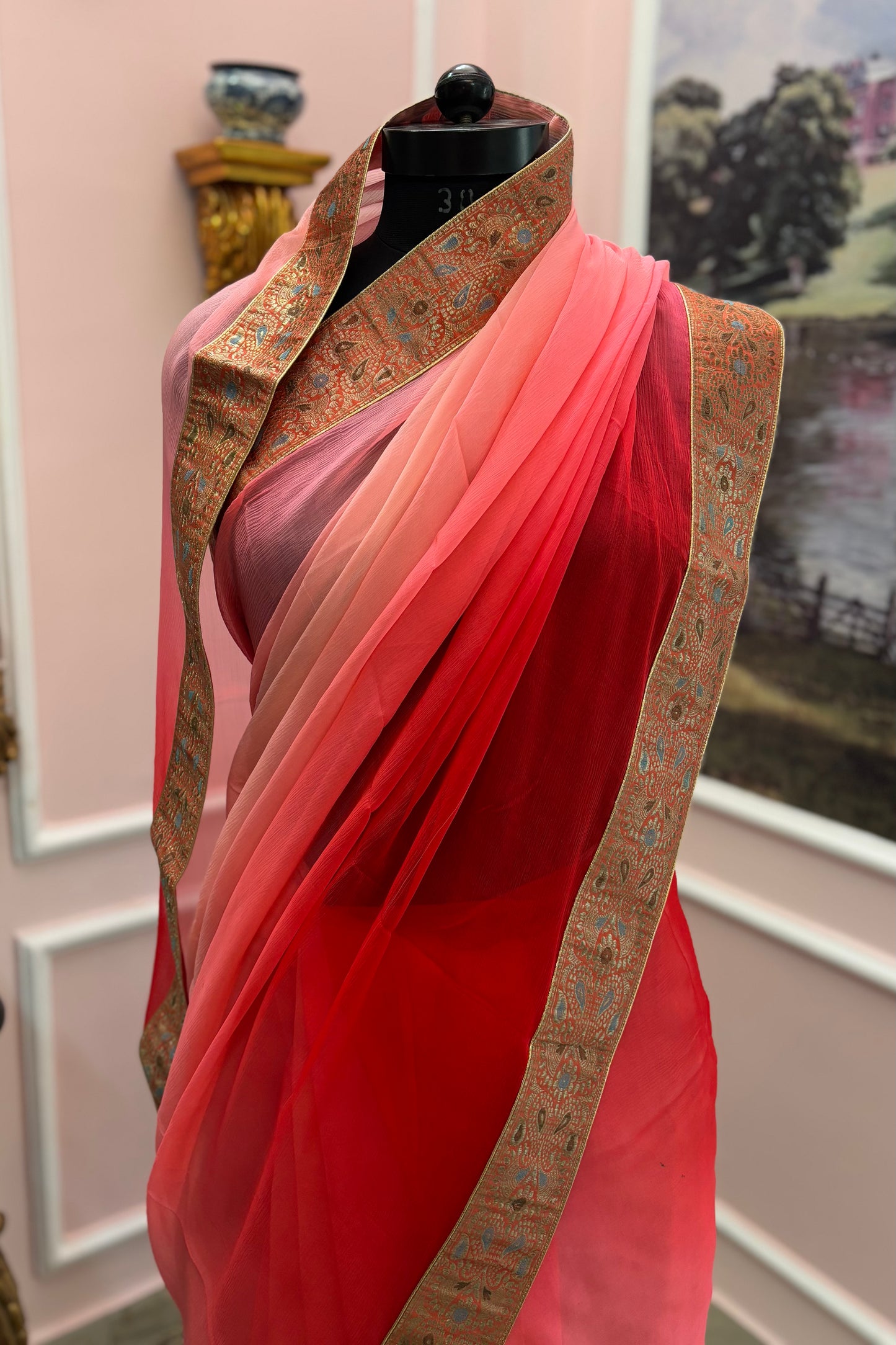 Red pink ombre antique border saree