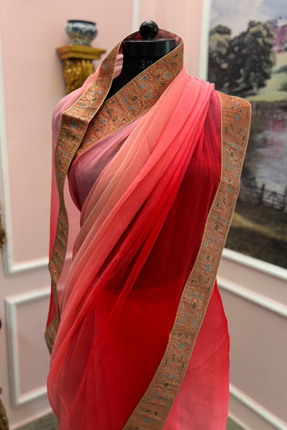 Red pink ombre antique border saree