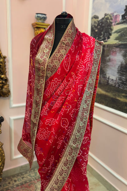 Red shaded ombre bandhej antique border saree