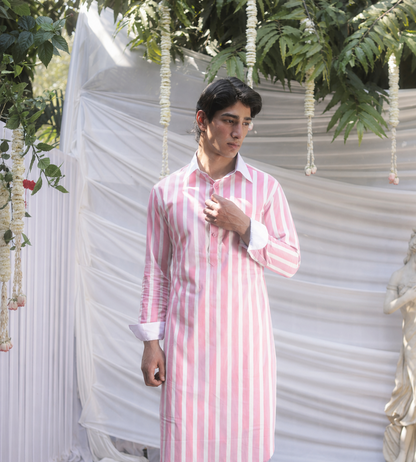 Pink Striped Cotton Kurta for Men