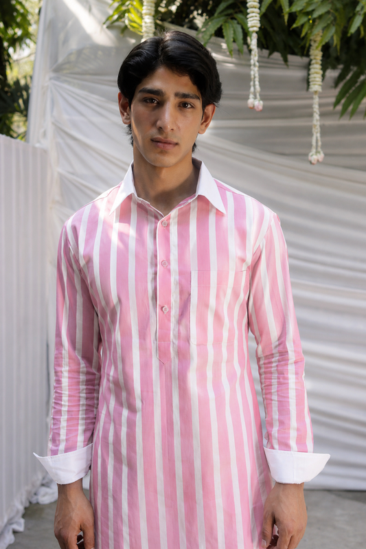 Pink Striped Cotton Kurta for Men