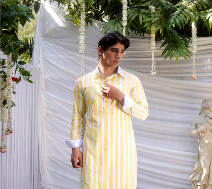 Yellow Striped Cotton Kurta for Men