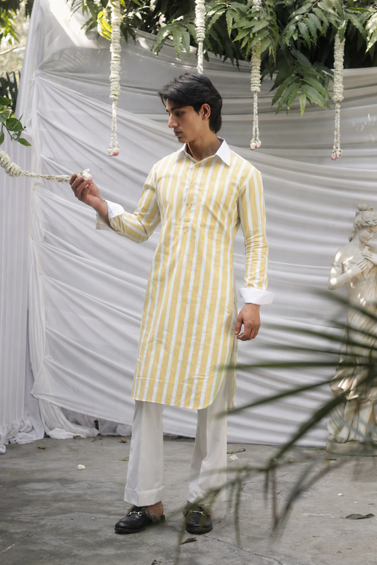 Yellow Striped Cotton Kurta for Men