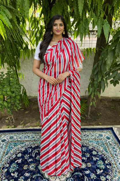 Candy Cane Chiffon Lehariya Saree