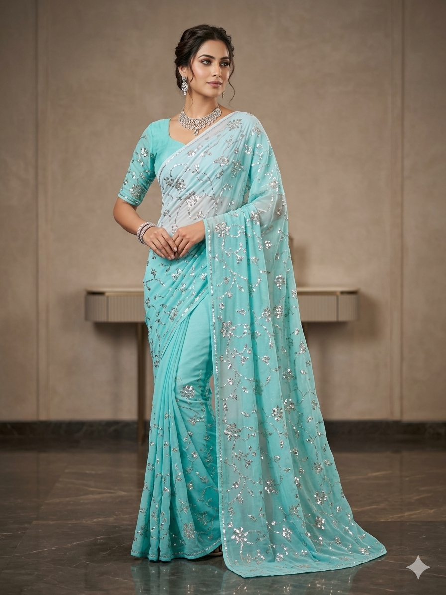 Aqua blue ombre chiffon saree