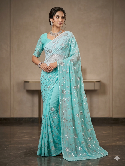 Aqua blue ombre chiffon saree
