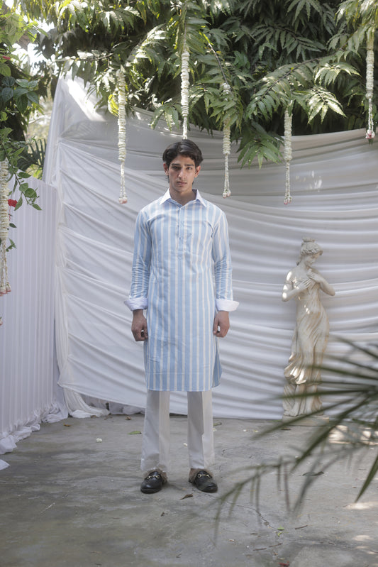 Powder Blue Striped Cotton Kurta for Men
