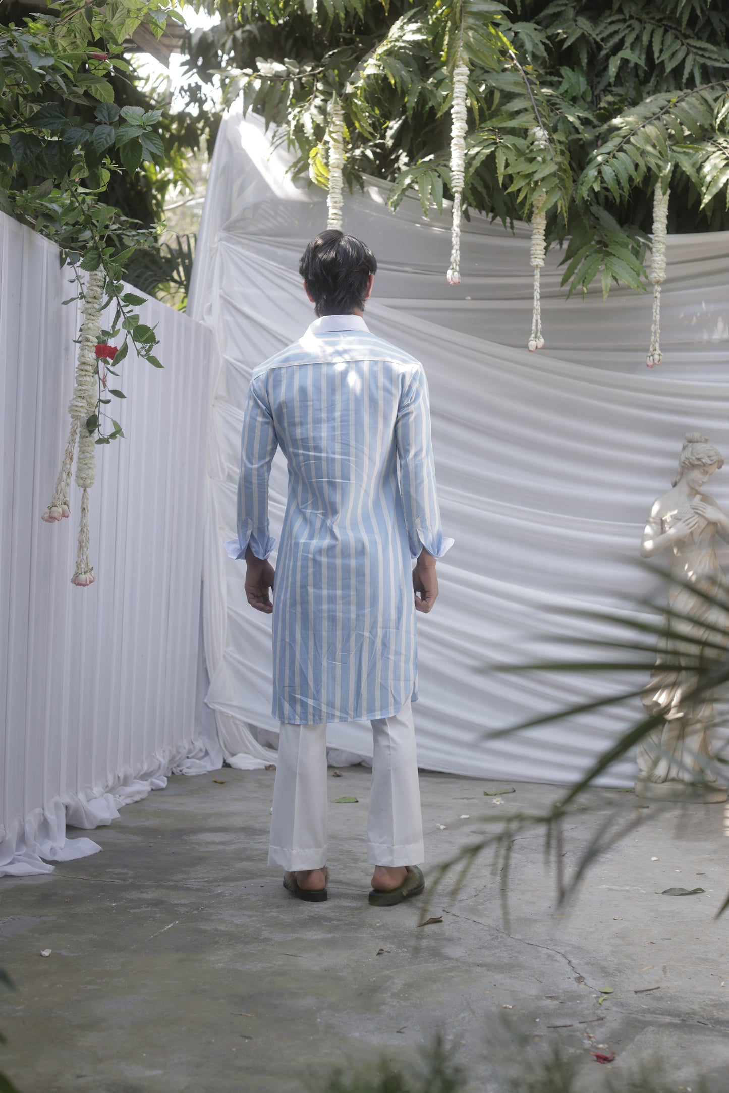 Powder Blue Striped Cotton Kurta for Men