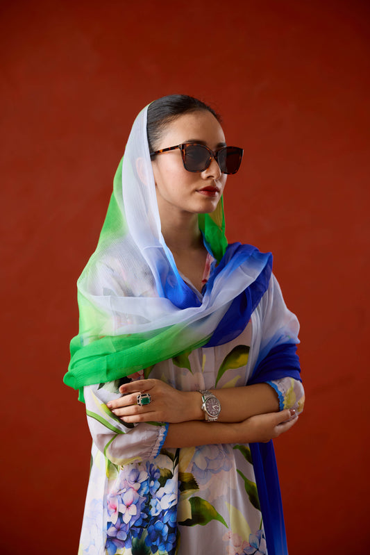 Elea Floral Kurta Set with ombre dupatta