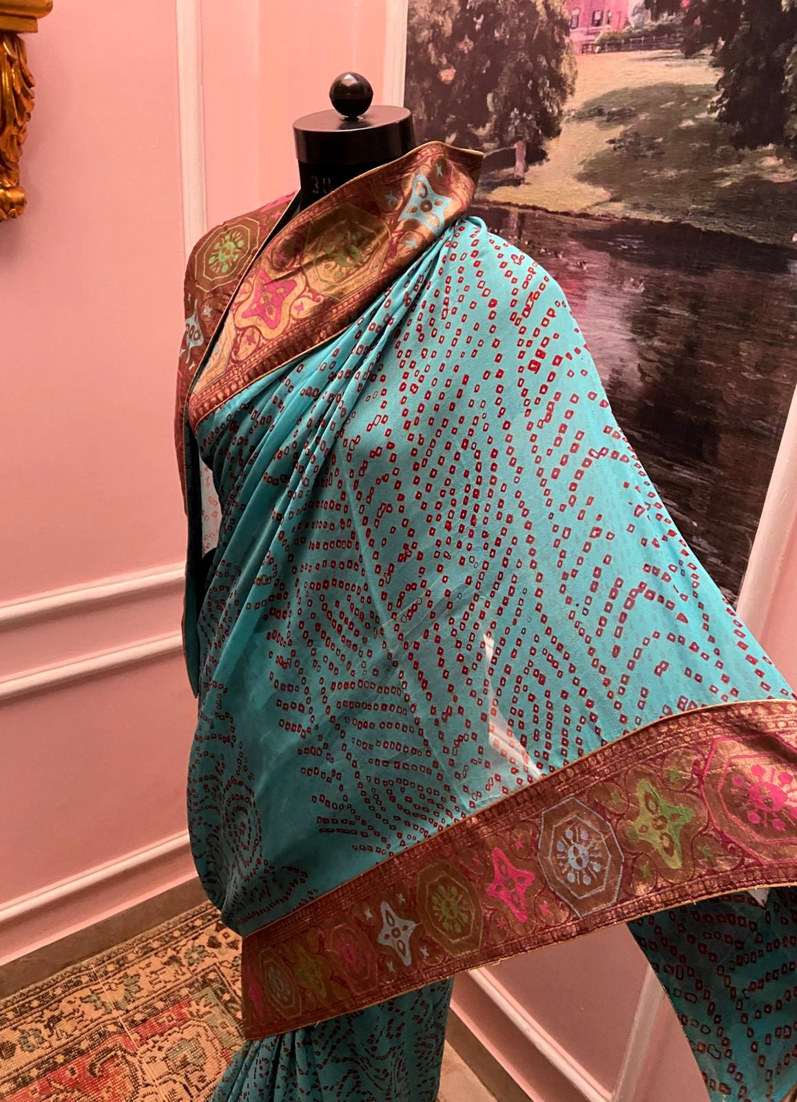 Turquoise Viraasat Antique Border Bandhej Saree