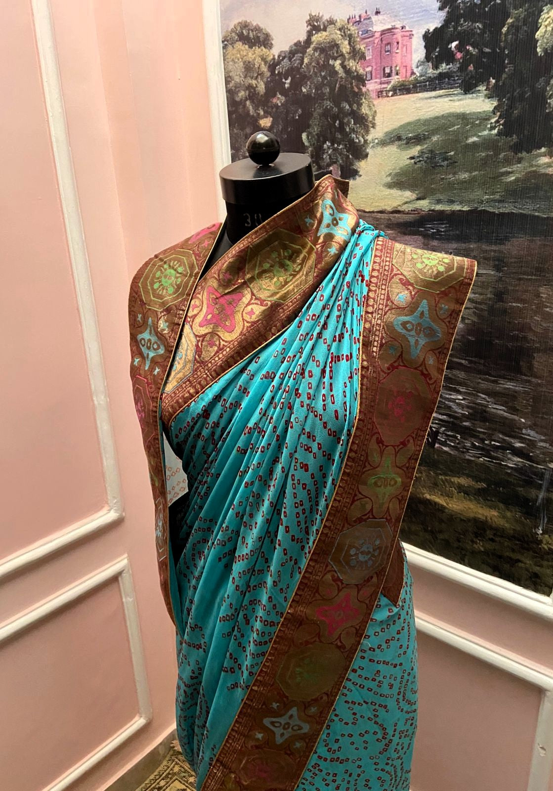 Turquoise Viraasat Antique Border Bandhej Saree