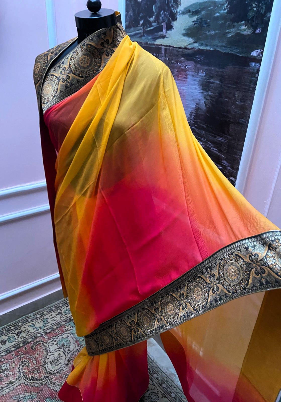Yellow Rani Shaded Antique Border Saree